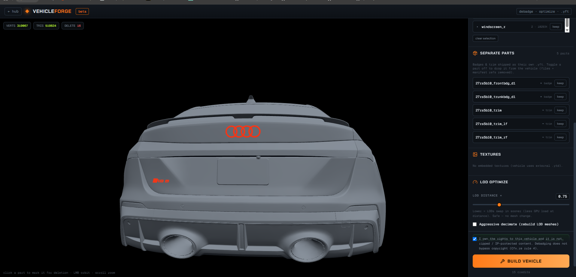 Debadge — the Audi rings and RS6 badge clicked and marked red for deletion